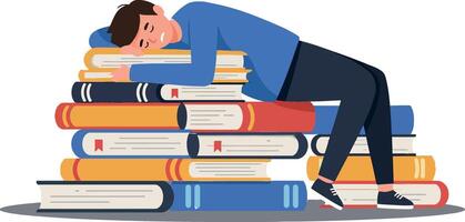 A young man peacefully sleeping on a colorful stack of books in a flat design style illustration vector