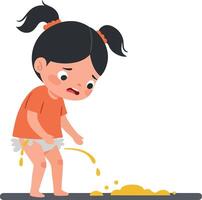 A young girl with pigtails looking worried as she stands next to a puddle of urine in a minimal and playful illustration vector