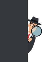 Detective character in a black trench coat peering around a tall wall with a magnifying glass in a flat art style vector