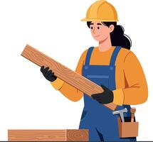 A smiling carpenter in a yellow hard hat analyzing wooden planks while wearing blue overalls and gloves in a flat illustration vector