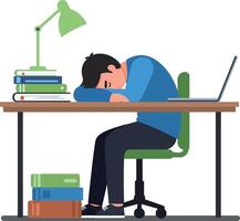 A tired student resting on a cluttered desk with books and a laptop in a minimal flat design art vector