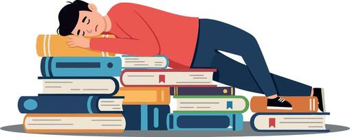 A young man peacefully resting on a colorful stack of books in a flat art style, conveying a sense of relaxation and studiousness in a cozy atmosphere vector