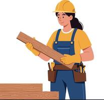 A female carpenter wearing a yellow shirt and hard hat holds a wooden plank in a flat style illustration showcasing craftsmanship and focus in a workshop setting vector