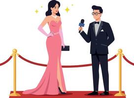 Elegant woman in a stunning pink gown posing confidently on the red carpet while an interviewer holds a microphone in stylish illustration vector