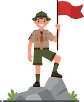 Young scout standing triumphantly on a rock holding a red flag in a flat and cheerful illustration vector