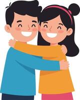 Two joyful children embracing in colorful clothing, showcasing happiness and friendship in a flat illustration vector