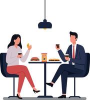 A man and woman enjoying snacks and drinks at a modern cafe in a flat illustration style, showcasing a casual and friendly atmosphere in art vector