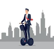 Businessman confidently riding a modern electric scooter in a cityscape, showcasing a minimal and professional design style in art vector