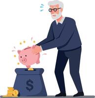 Elderly man anxiously depositing savings into a pink piggy bank with a worried expression in a minimal, flat design illustration vector