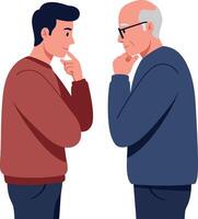 Two men engaged in thoughtful discussion, showcasing a flat design style, emphasizing expressions and gestures in illustration vector