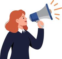 Enthusiastic woman with curly red hair holding a megaphone in a flat illustration, conveying energy and urgency in a vibrant setting, perfect for communication-focused art vector