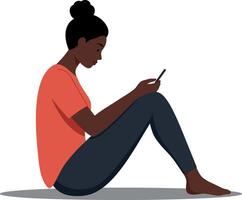 Woman sitting on the floor in casual attire, using a smartphone, flat illustration with a calm and introspective mood in a minimalist design style art vector