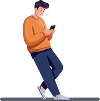 Young man in casual outfit using smartphone while standing casually with a relaxed expression in a flat illustration vector