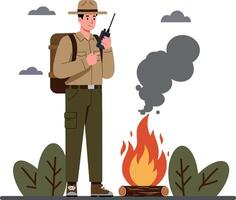 Park ranger standing by a campfire in a nature setting, wearing a hat and holding a radio, flat art vector