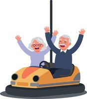 Joyful elderly couple in a bumper car enjoying a fun day at the amusement park in a colorful, cheerful flat illustration vector