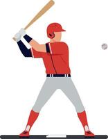 A baseball player in a red uniform swinging a bat with focused determination in a flat illustration style showcasing athleticism and excitement in the game of baseball art vector