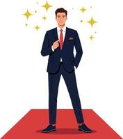 Stylish man in a sharp suit standing confidently on a red carpet with sparkling stars in a minimal illustration vector