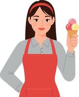 A cheerful woman wearing a red apron holding a colorful ice cream cone in a flat illustration style, showcasing a joyful mood and friendly atmosphere in a dessert setting art vector