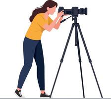 A woman photographing nature with a professional camera on a tripod in a flat design illustration showcasing focus and creativity in photography vector