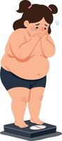 A young girl standing on a bathroom scale with a worried expression, showcasing a flat design style in colorful art vector