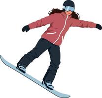 A skilled snowboarder in a vibrant red jacket gracefully carving through fresh powder snow in a dynamic and energetic flat art vector