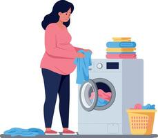 Pregnant woman doing laundry in a cozy home setting with a washing machine and colorful stacks of towels in minimal illustration vector