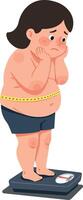 A young person standing on a scale with a worried expression, showcasing a flat, minimal design style in art vector