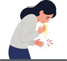 A woman bending over in distress with a pained expression while experiencing nausea in a minimal flat style illustration vector