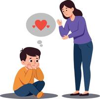 A concerned woman comforting a sad boy who is thinking about love in a flat illustration displaying emotional support and connection between them vector