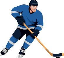 A determined hockey player in blue uniform skillfully handles the puck while skating on ice in a dynamic and energetic flat illustration vector
