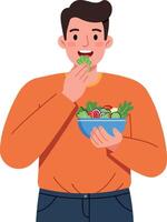 Cheerful man enjoying a fresh salad in a blue bowl, wearing an orange sweater, minimalistic illustration vector
