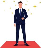 Confident man in a tailored suit standing on a red carpet with sparkling stars in a minimal and vibrant illustration vector