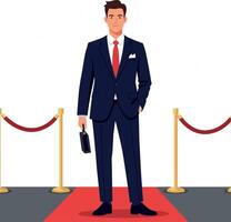Confident man in a black suit holding a briefcase standing on a red carpet in a flat illustration vector