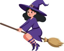 A cheerful young witch flying on a broomstick with a playful smile, dressed in purple attire, showcasing a minimal style in vibrant art vector