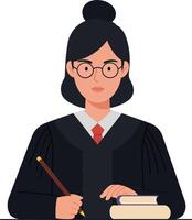 A female judge in a black robe writing notes with a pen while seated at a desk with law books, flat illustration vector