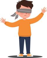 A young boy wearing a blindfold with outstretched hands in a playful stance, flat illustration depicting curiosity and innocence in a fun game setting art vector