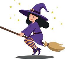 A cheerful young witch flying on a broomstick in a whimsical flat illustration with stars shimmering around her, embodying a playful and magical atmosphere vector
