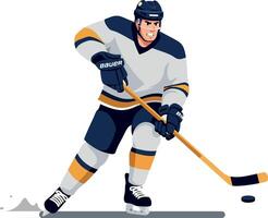 A hockey player in a dynamic skating pose wearing a white and blue jersey with a stick, showcasing skill and concentration in detailed illustration vector
