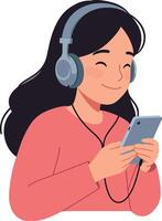 Young woman enjoying music with headphones, smiling while using smartphone in flat design art vector