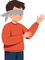 A young boy wearing a blindfold, reaching out with caution in a playful manner, illustrated in a flat design style, illustration vector