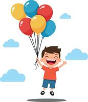 A joyful boy with colorful balloons floating in the sky, showcasing a playful and cheerful atmosphere in flat art vector