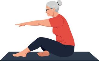 Senior woman practicing yoga on a mat in a calm setting, showcasing a flat design style in vibrant colors, illustration vector