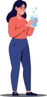 Concerned young woman holding a glass of water with droplets, in a flat minimal style illustration, expressing uncertainty while standing indoors vector