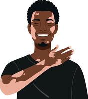 Smiling young man in a black t-shirt gesturing with a welcoming hand in a flat illustration style expressing joy and friendliness in a modern design vector