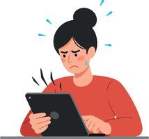 Frustrated woman displaying signs of stress while using a tablet in a minimal illustration vector