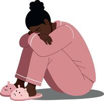 A woman sitting on the floor in pink pajamas with sad expression, minimalistic design, depicting feelings of loneliness and introspection in art vector