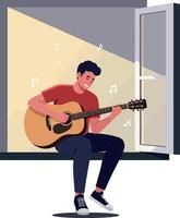 A young man sitting on a window ledge playing an acoustic guitar in a bright, minimal design style illustration vector