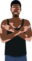 Confident young man with crossed arms wearing a black tank top in a minimal flat illustration style conveying positivity and self-assurance in art vector