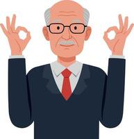 Elderly man in a suit making a hand gesture, showcasing calmness and wisdom in a minimal flat illustration vector