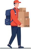 Delivery man carrying cardboard boxes in a bright red jacket with a backpack in a flat illustration vector